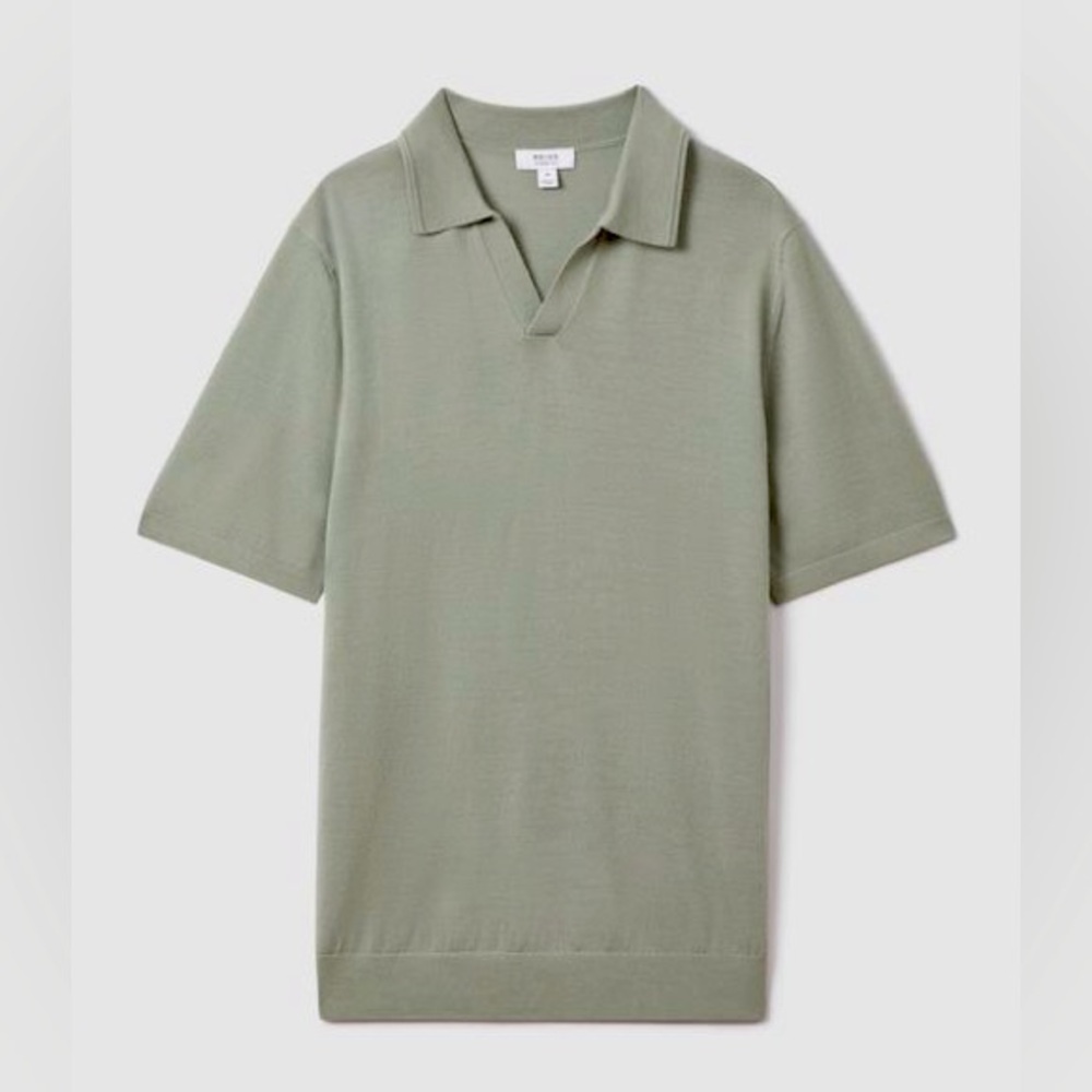 REISS Duchie Open Collar Merino Wool Polo Sweater S/S Shirt Mens Large Green